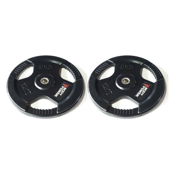 Body Power 10Kg Rubber Encased Tri Grip Standard Weight Plates (x2)