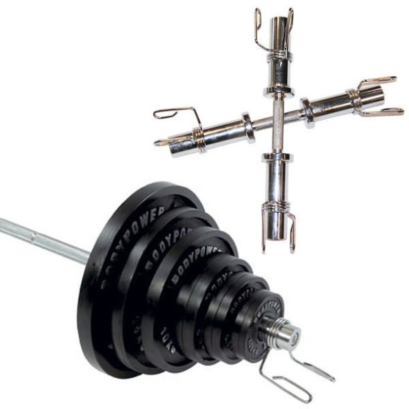 Body Power 125kg Machined Cast Iron Olympic Weight Plate Set and 20kg 7ft Olympic Bar and Dumbbell Handles