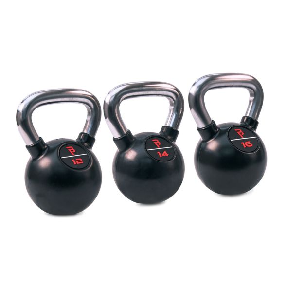Body Power Premium Black Rubber Coated Kettlebells with Chrome Handle Set - 12kg, 14kg, 16kg