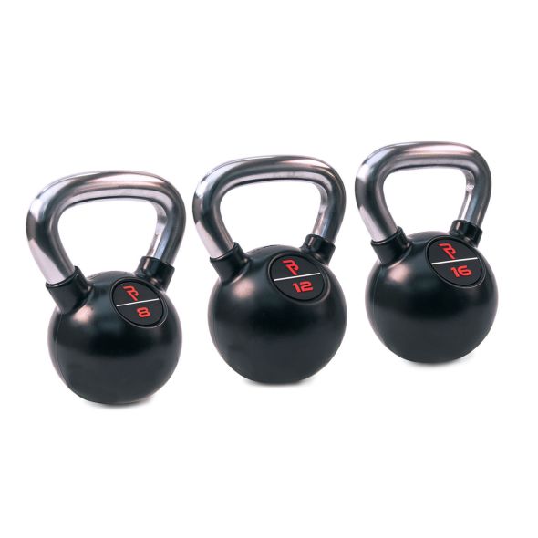 Body Power Premium Black Rubber Coated Kettlebells with Chrome Handle Set - 8kg, 12kg, 16kg