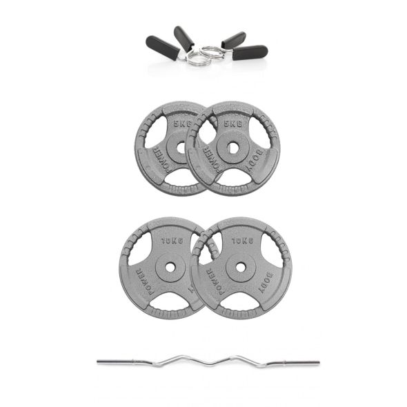 Body Power 30kg Tri-Grip Standard Curl Bar Weight Plate Set and 5kg bar