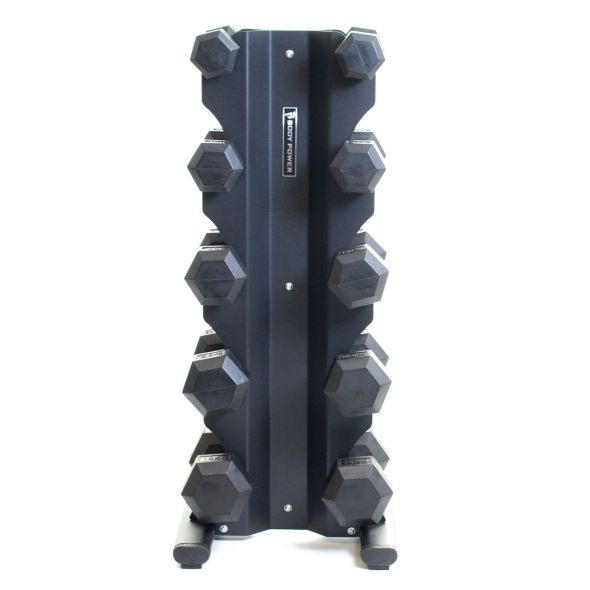Body Power Rubber Hex Dumbbell Set - 5kg to 15kg and 5 Pair X-Series Vertical Rack