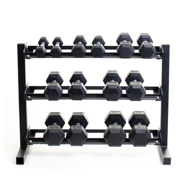 Body Power Rubber Hex Set - 2kg to 15kg and 40 Inch 3-Tier Rack