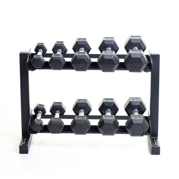 Body Power Rubber Hex Set - 2kg to 10kg and 32 Inch 2-Tier Rack
