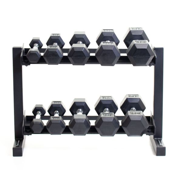 Body Power Rubber Hex Set - 2.5kg to 12.5kg and 32 Inch 2-Tier Rack