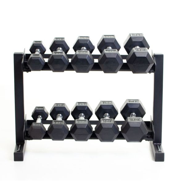 Body Power Rubber Hex Set - 4kg to 12.5kg and 32 Inch 2-Tier Rack