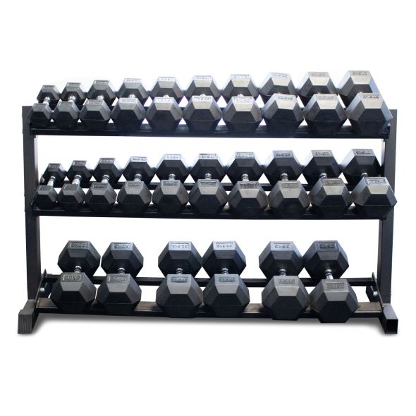 Body Power Rubber Hex Set - 5kg to 35kg and 62 Inch 3-Tier Rack