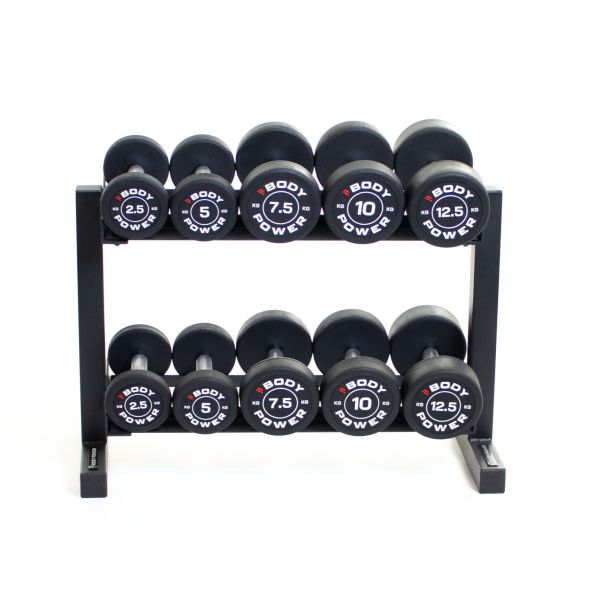 Body Power Pro Round Rubber Dumbbell Set - 2.5kg to 12.5kg and 32 Inch 2-Tier Rack
