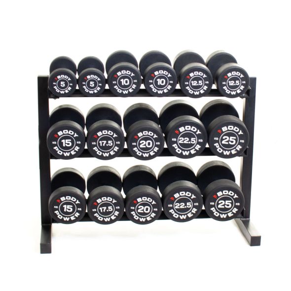 Body Power Pro Round Rubber Dumbbell Set - 5kg to 25kg and 40 Inch 3-Tier Rack