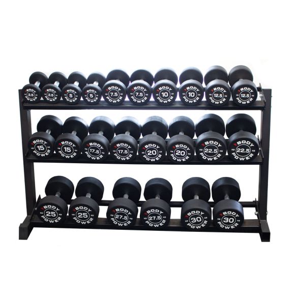 Body Power Pro Round Rubber Dumbbell Set - 2.5kg to 30kg and 62 Inch 3-Tier Rack