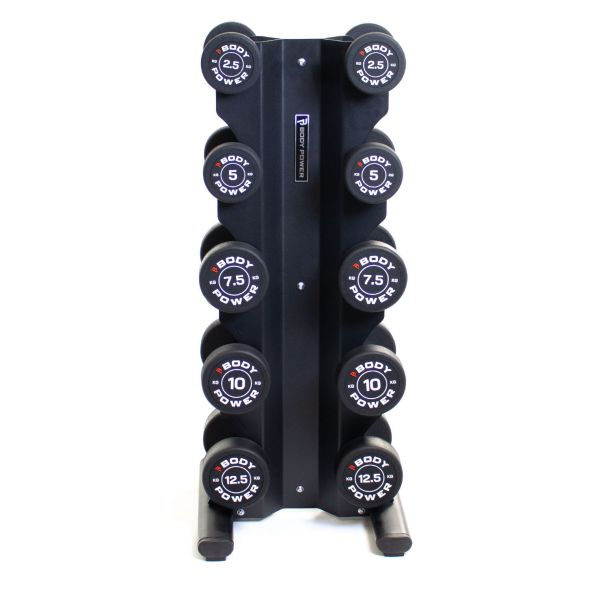 Body Power Pro Round Rubber Dumbbell Set - 2.5kg to 12.5kg and 5-Pair X-Series Rack