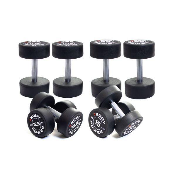 Body Power Pro Round Rubber Dumbbell Set - 12.5kg, 15kg, 17.5kg and 20kg Pairs