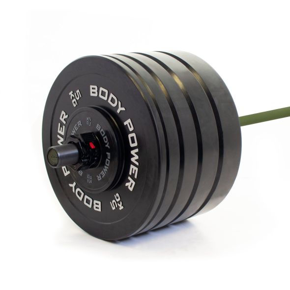 Body Power 175kg Solid Rubber Bumper Kit with Competition Teflon Barbell in Green