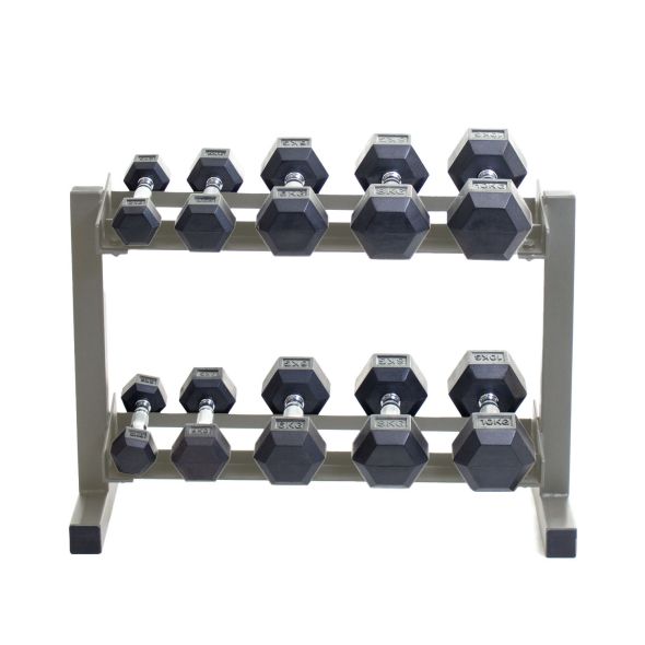 Body Power 2kg to 10kg Rubber Hex Dumbbell Set & 32" Dumbbell Rack
