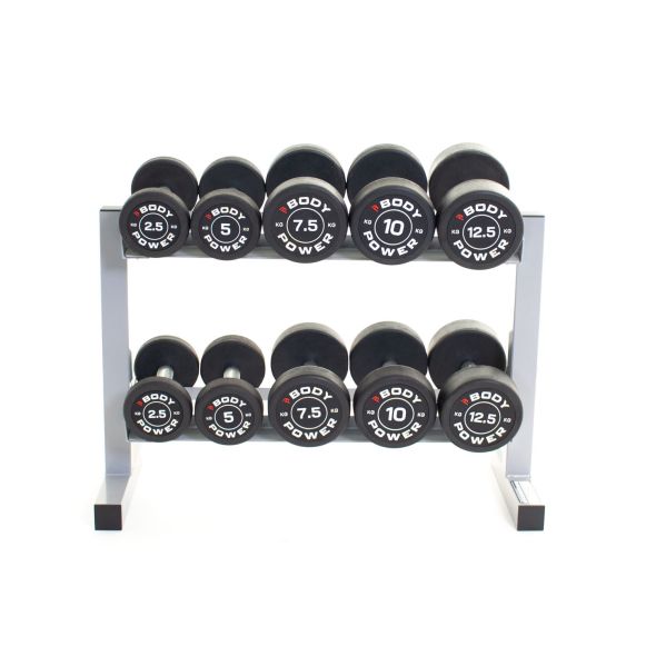 Body Power Pro Round Rubber Dumbbell Set - 2.5kg to 12.5kg & 2-Tier 32in Rack