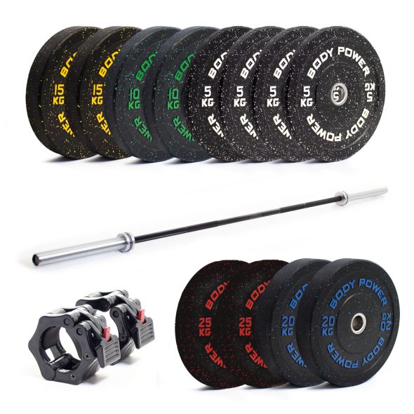 Body Power 180kg Hi-Temp Rubber Crumb Olympic Bumper Kit with Competition Deadlift Barbell