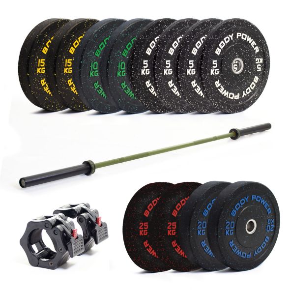 Body Power 180kg Hi-Temp Rubber Crumb Olympic Bumper Kit with Competition Teflon Barbell in Green