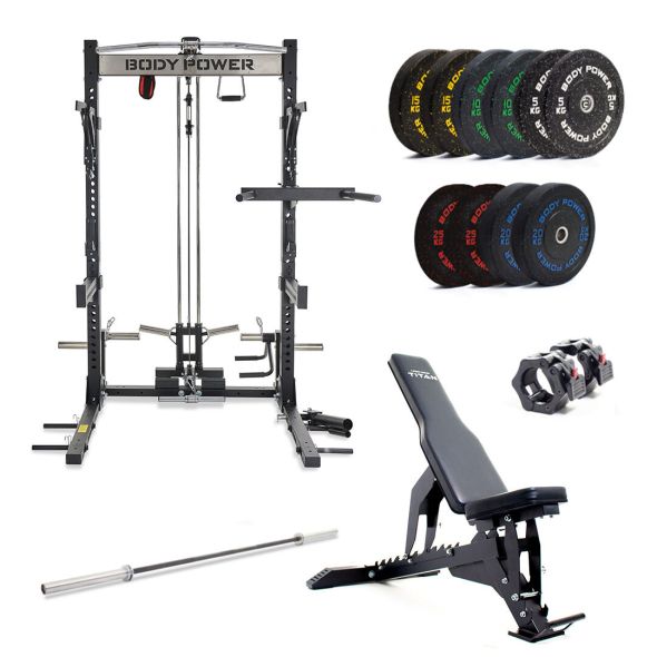 Body Power TITAN Half Rack - Upgraded, with 170kg Rubber Crumb Olympic Bumper Plate and Bar Set plus F2I V2 Bench