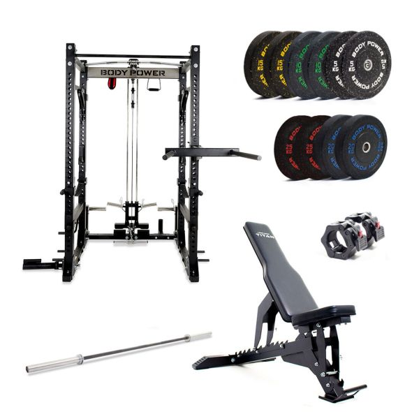 Body Power TITAN Full Rack - Upgraded, with 170kg Rubber Crumb Olympic Bumper Plate and Bar Set plus F2I V2 Bench