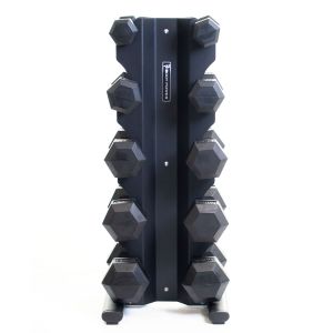 Body Power Rubber Hex Dumbbell Set - 5kg to 25kg and 5 Pair X-Series Vertical Rack