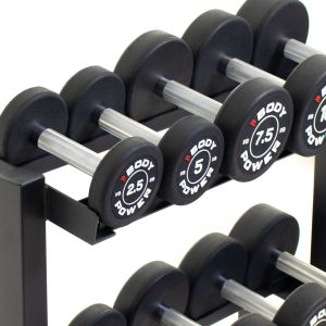 Body Power Pro Round Rubber Dumbbell Set - 2.5kg to 12.5kg and 32 Inch 2-Tier Rack