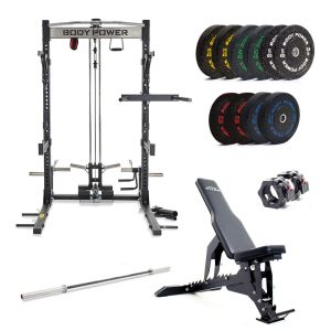 Body Power TITAN Half Rack - Upgraded, with 170kg Rubber Crumb Olympic Bumper Plate and Bar Set plus F2I V2 Bench