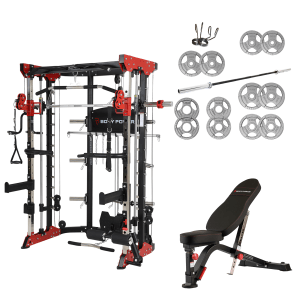 Body Power Multi-Function Smith Machine with Half Rack & Dual Adjustable Pulley, 147.5kg Cast Iron Tri-Grip Olympic Weight Set and Compact Flat to Incline Utility Bench