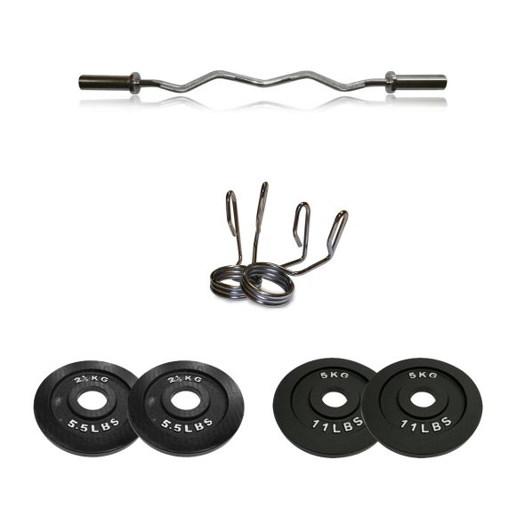 Body Power 15kg Machined Cast Iron Olympic Weight Plate Set and 4ft Olympic EZ Curl Bar