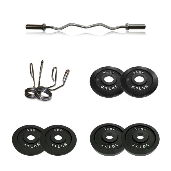 Body Power 35kg Machined Cast Iron Olympic Weight Plate Set and 4ft Olympic EZ Curl Bar