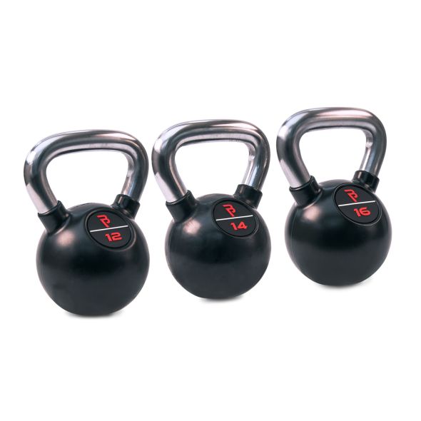 Body Power Premium Black Rubber Coated Kettlebells with Chrome Handle Set - 12kg, 14kg, 16kg