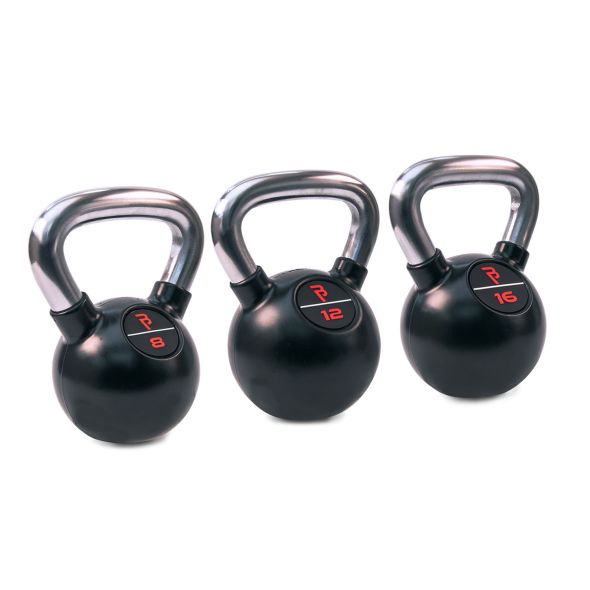 Body Power Premium Black Rubber Coated Kettlebells with Chrome Handle Set - 8kg, 12kg, 16kg