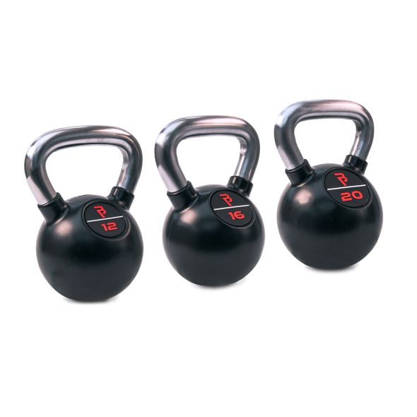 Body Power Premium Black Rubber Coated Kettlebells with Chrome Handle Set - 12kg, 16kg, 20kg