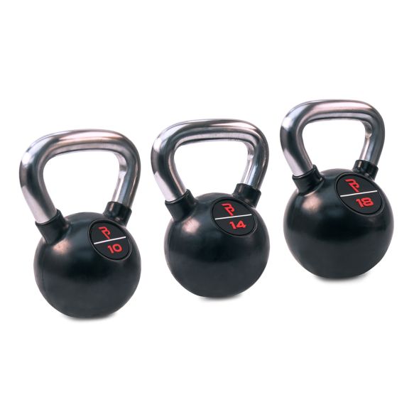 Body Power Premium Black Rubber Coated Kettlebells with Chrome Handle Set - 10kg, 14kg, 18kg