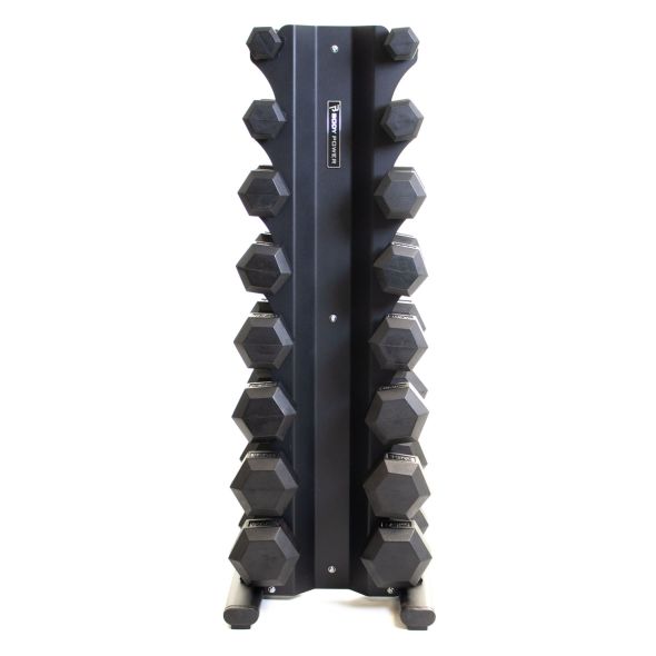 Body Power Rubber Hex Dumbbell Set - 2kg to 17.5kg and 8 Pair X-Series Vertical Rack