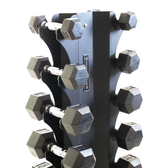 Body Power Rubber Hex Dumbbell Set - 2kg to 17.5kg and 8 Pair X-Series Vertical Rack