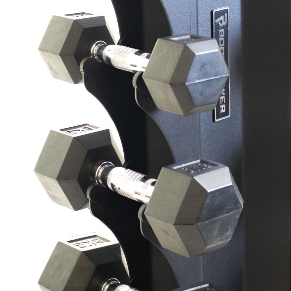 Body Power Rubber Hex Dumbbell Set - 2kg to 17.5kg and 8 Pair X-Series Vertical Rack