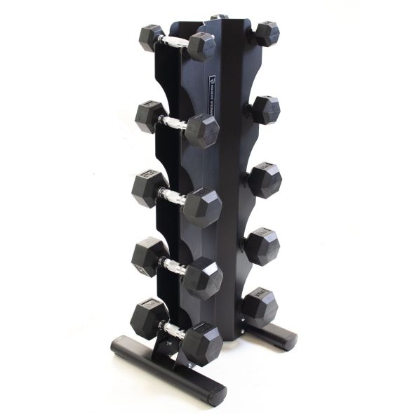 Body Power Rubber Hex Dumbbell Set - 2kg to 10kg and 5 Pair X-Series Vertical Rack
