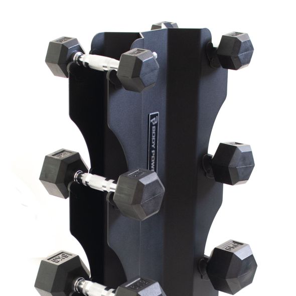 Body Power Rubber Hex Dumbbell Set - 2kg to 10kg and 5 Pair X-Series Vertical Rack