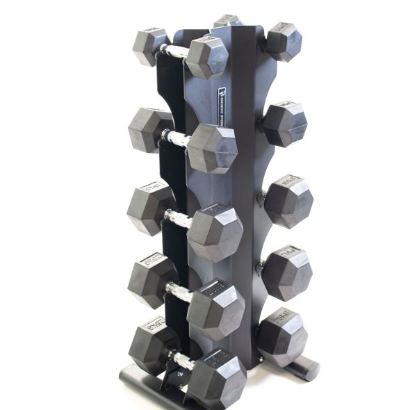 Body Power Rubber Hex Dumbbell Set - 5kg to 25kg and 5 Pair X-Series Vertical Rack