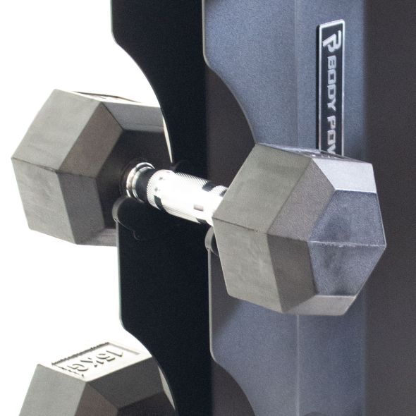 Body Power Rubber Hex Dumbbell Set - 5kg to 25kg and 5 Pair X-Series Vertical Rack