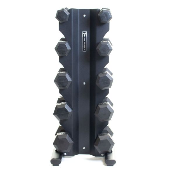 Body Power Rubber Hex Dumbbell Set - 5kg to 15kg and 5 Pair X-Series Vertical Rack