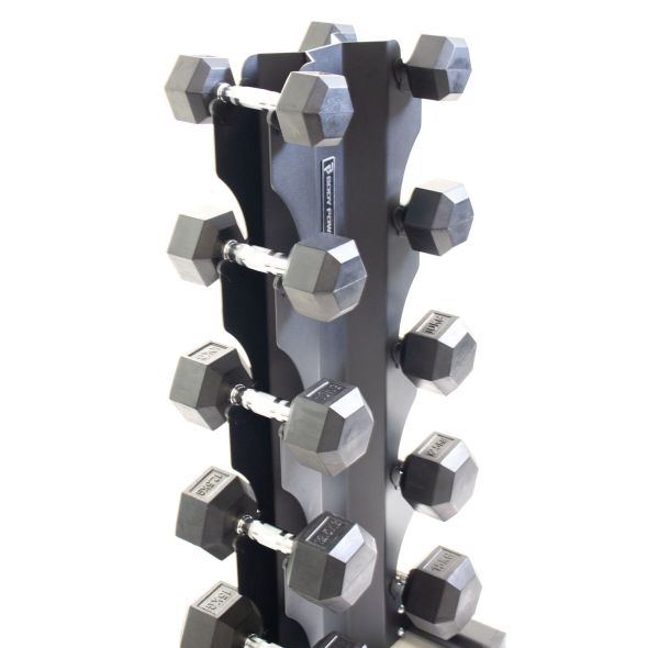 Body Power Rubber Hex Dumbbell Set - 5kg to 15kg and 5 Pair X-Series Vertical Rack