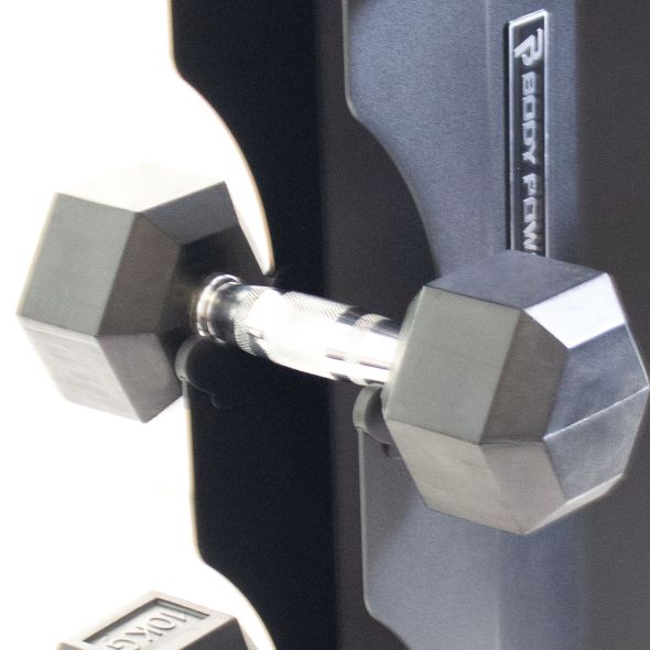 Body Power Rubber Hex Dumbbell Set - 5kg to 15kg and 5 Pair X-Series Vertical Rack