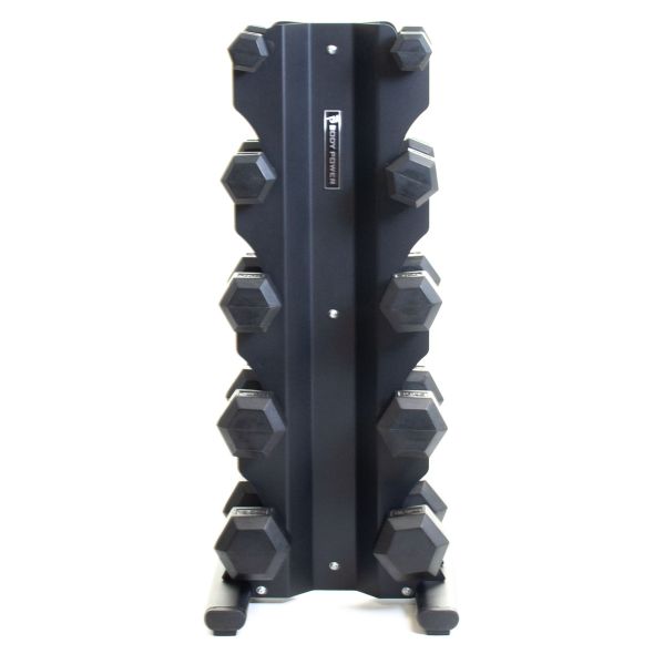 Body Power Rubber Hex Dumbbell Set - 2.5kg to 12.5kg and 5 Pair X-Series Vertical Rack