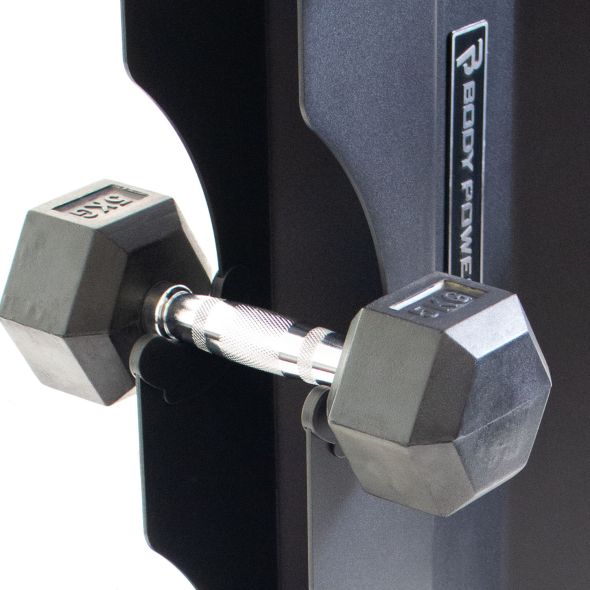 Body Power Rubber Hex Dumbbell Set - 2.5kg to 12.5kg and 5 Pair X-Series Vertical Rack