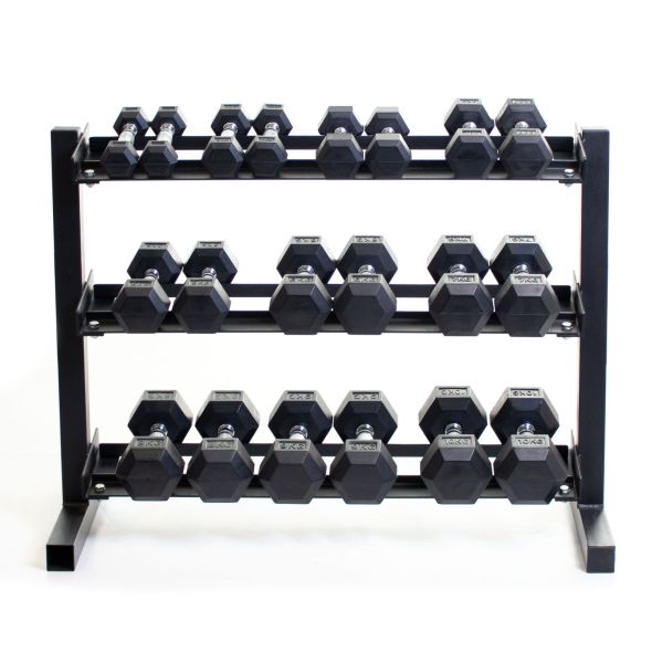 Body Power Rubber Hex Set - 1kg to 10kg and 40 Inch 3-Tier Rack