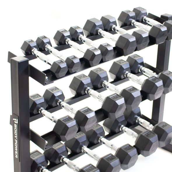 Body Power Rubber Hex Set - 1kg to 10kg and 40 Inch 3-Tier Rack
