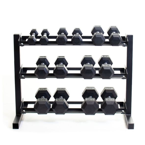 Body Power Rubber Hex Set - 2kg to 15kg and 40 Inch 3-Tier Rack