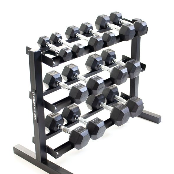 Body Power Rubber Hex Set - 2kg to 15kg and 40 Inch 3-Tier Rack