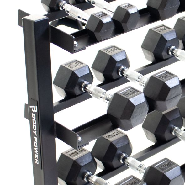 Body Power Rubber Hex Set - 2kg to 15kg and 40 Inch 3-Tier Rack